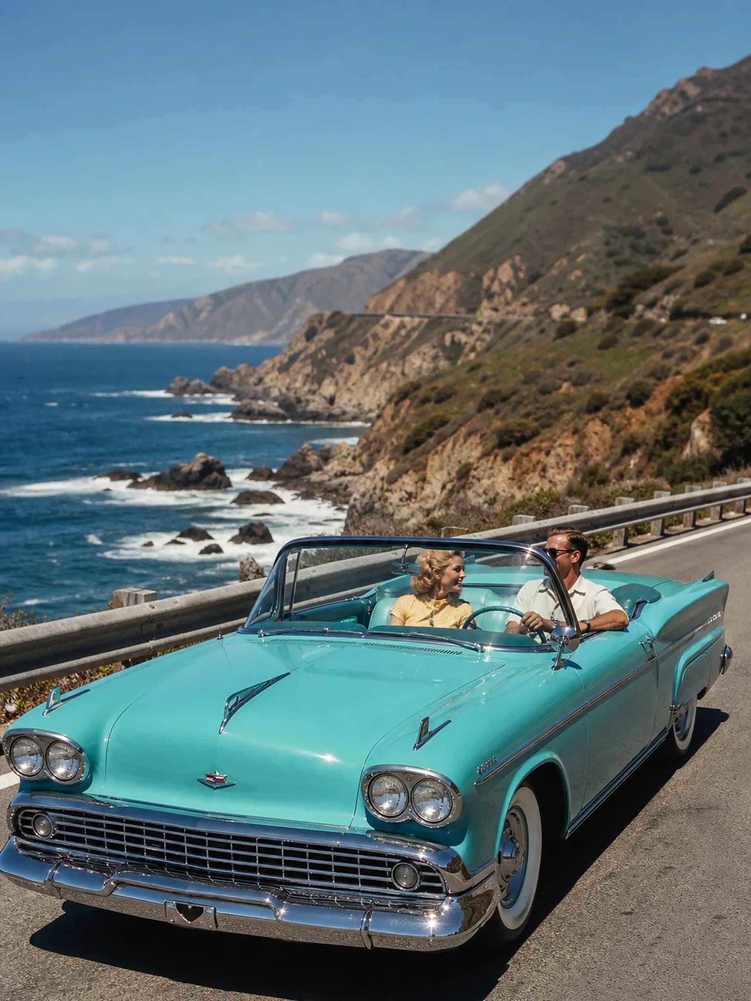 Coastal road trip photo with chrome and paint detail recovered